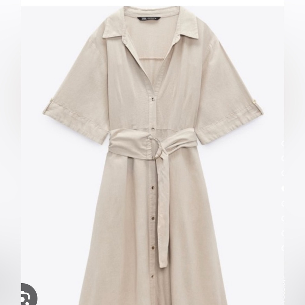 Zara Women’s Khaki Linen Blend Belted Midi Shirt Dress Sz XS